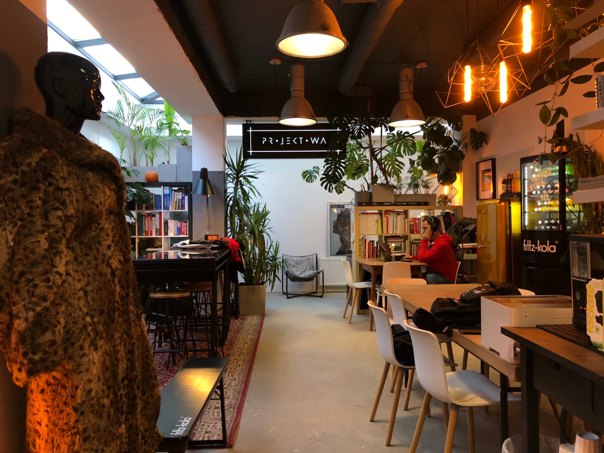 Wnętrze kawiarni w stylu loft z lampami wiszącymi, roślinami doniczkowymi, stolikami z krzesłami, regałami z książkami i manekinem w futrze, widoczne logo 'Projekt WA'.