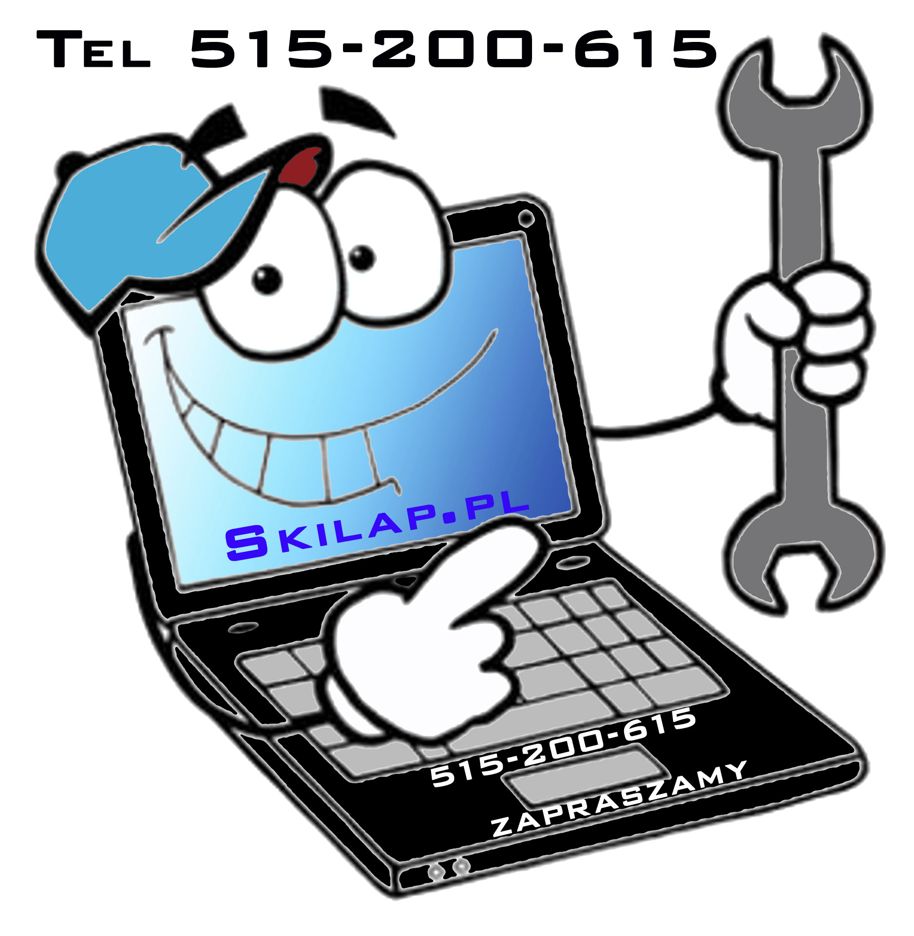 Kreskówkowy laptop z uśmiechem, w czapce i okularach, trzymający klucz francuski; na ekranie widoczny adres strony internetowej, a na obudowie numer telefonu.