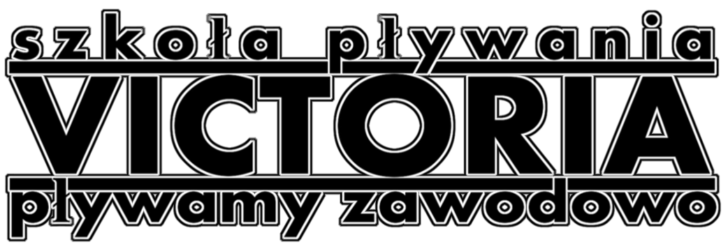 Logo szkoły pływania Victoria z napisem 'pływamy zawodowo' w białej obwódce na czarnym tle.