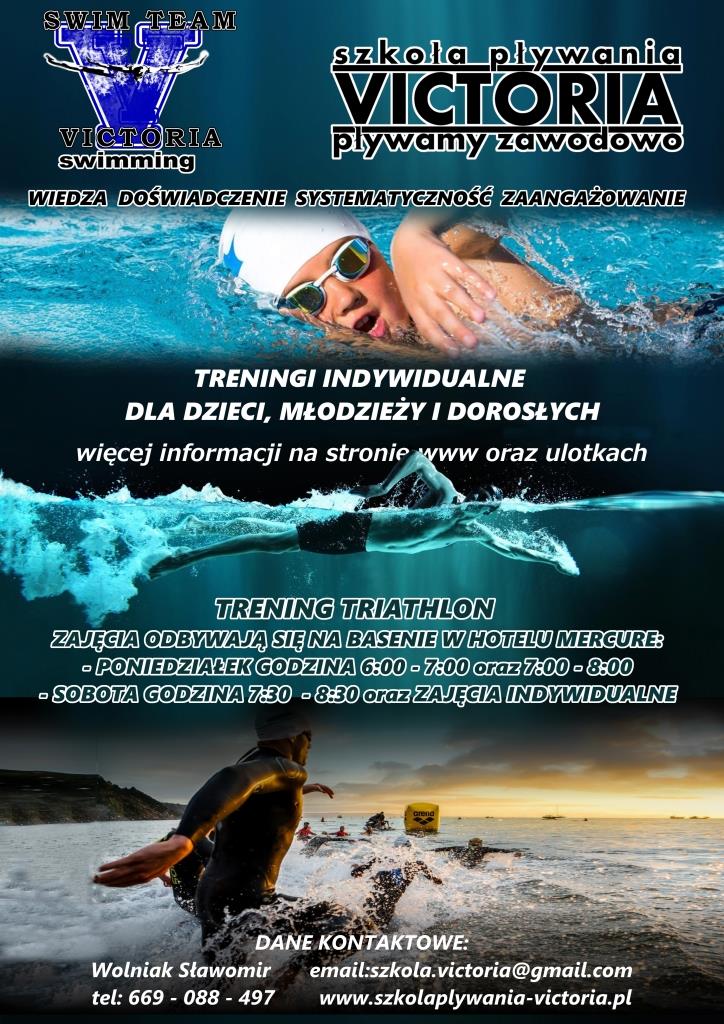 Plakat szkoły pływania Victoria z informacjami o treningach indywidualnych dla dzieci, młodzieży i dorosłych oraz treningach triathlonowych w hotelu Mercure, z danymi kontaktowymi Wolniaka...