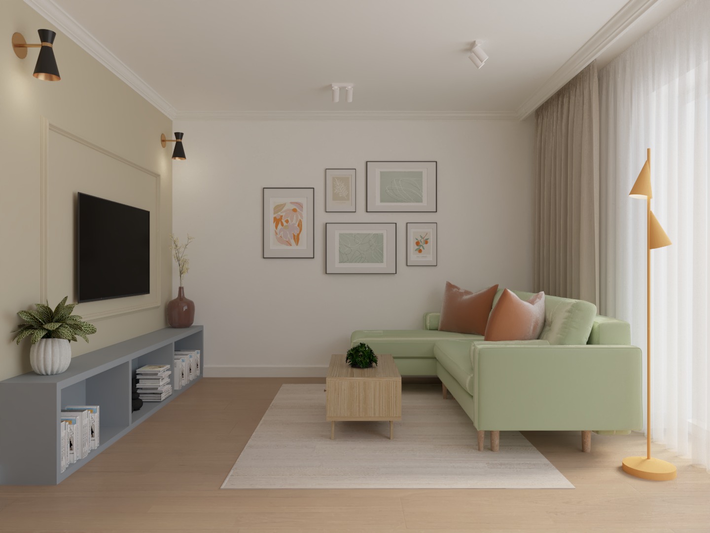 Jasny salon z pastelową, pistacjową sofą narożną, dywanem w odcieniach beżu, drewnianą podłogą i ścianą z galerią obrazków w ramkach.