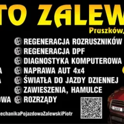 Szyld reklamowy warsztatu samochodowego Auto Zalewski w Pruszkowie, oferującego naprawę i diagnostykę, z numerem telefonu i odnośnikiem do Facebooka.