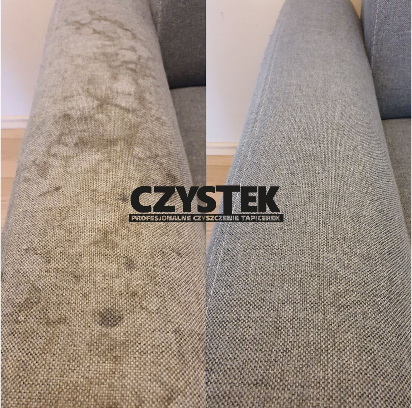 Porównanie fragmentu sofy przed i po czyszczeniu, widoczne wyraźne usunięcie zabrudzeń na szarym materiale tapicerki.