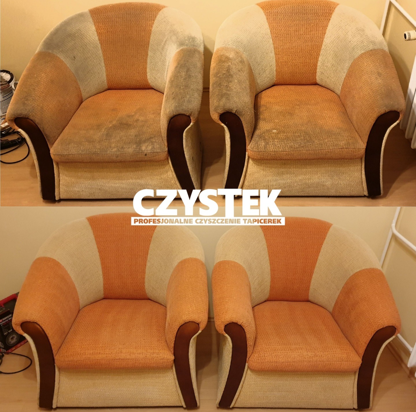 Dwa fotele tapicerowane w odcieniach pomarańczy i beżu, ujęcie przed i po czyszczeniu, widoczna różnica w czystości tapicerki.