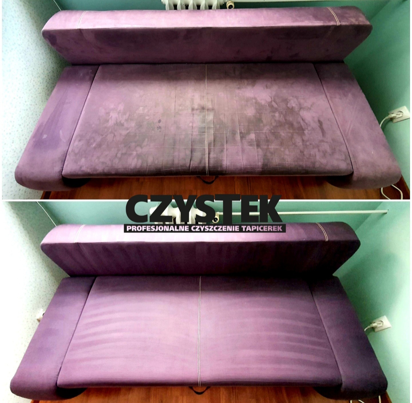 Zdjęcie typu 'przed i po' przedstawiające fioletową kanapę rozkładaną, z widocznymi plamami i zabrudzeniami na górnym zdjęciu, a na dolnym zdjęciu kanapa jest czysta i odświeżona.