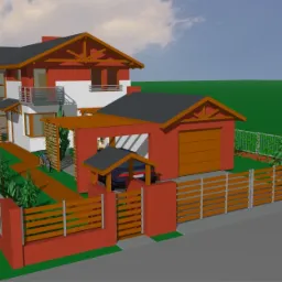 Wizualizacja 3D dwukondygnacyjnego domu z garażem i wiatą, ogrodzonego płotem z elementami drewnianymi i zielenią, z rowerem opartym o pergolę.