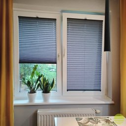 MARKIZA.PL SPÓŁKA Z OGRANICZONĄ ODPOWIEDZIALNOŚCIĄ - Dwa okna z białymi ramami, zasłonięte szarymi plisami, na parapecie dwie doniczki z zielonymi roślinami, widok na ogród zza okna.