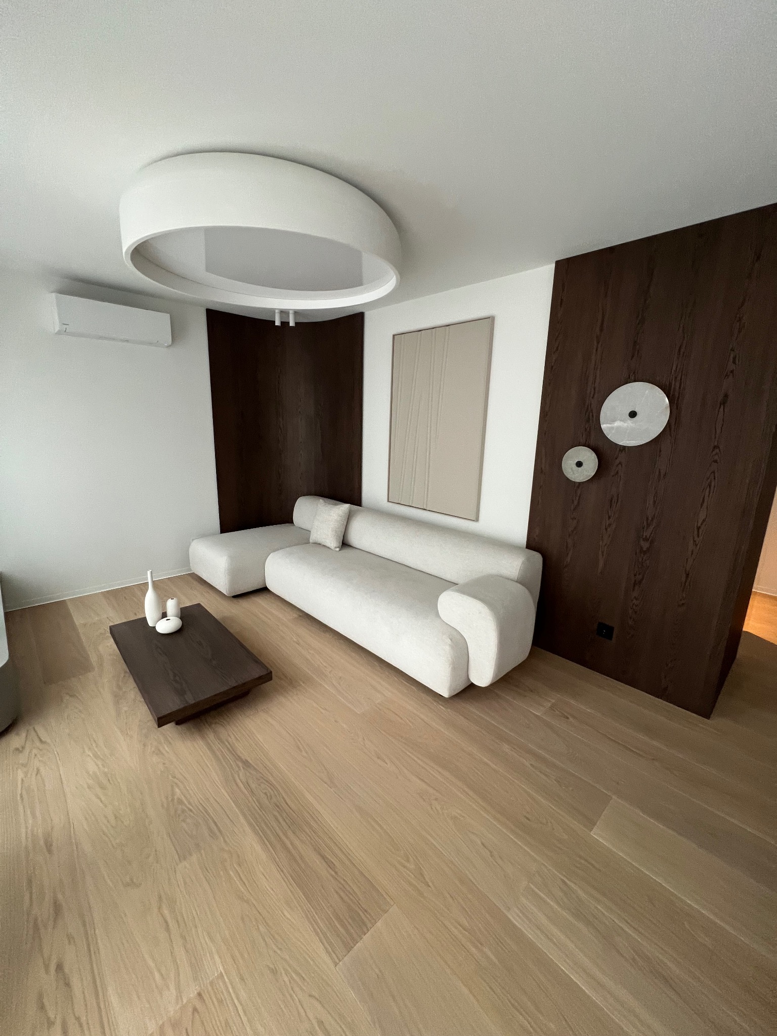 Nowoczesne wykończenie wnętrza: jasny parkiet, biała sofa, ciemne panele ścienne i okrągła lampa sufitowa. Minimalistyczny design.