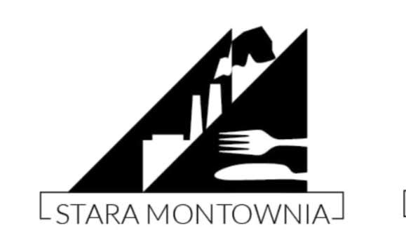 Czarno-białe logo firmy 'Stara Montownia' zawierające stylizowany rysunek fabryki, pary, noża i widelca w geometrycznej kompozycji.