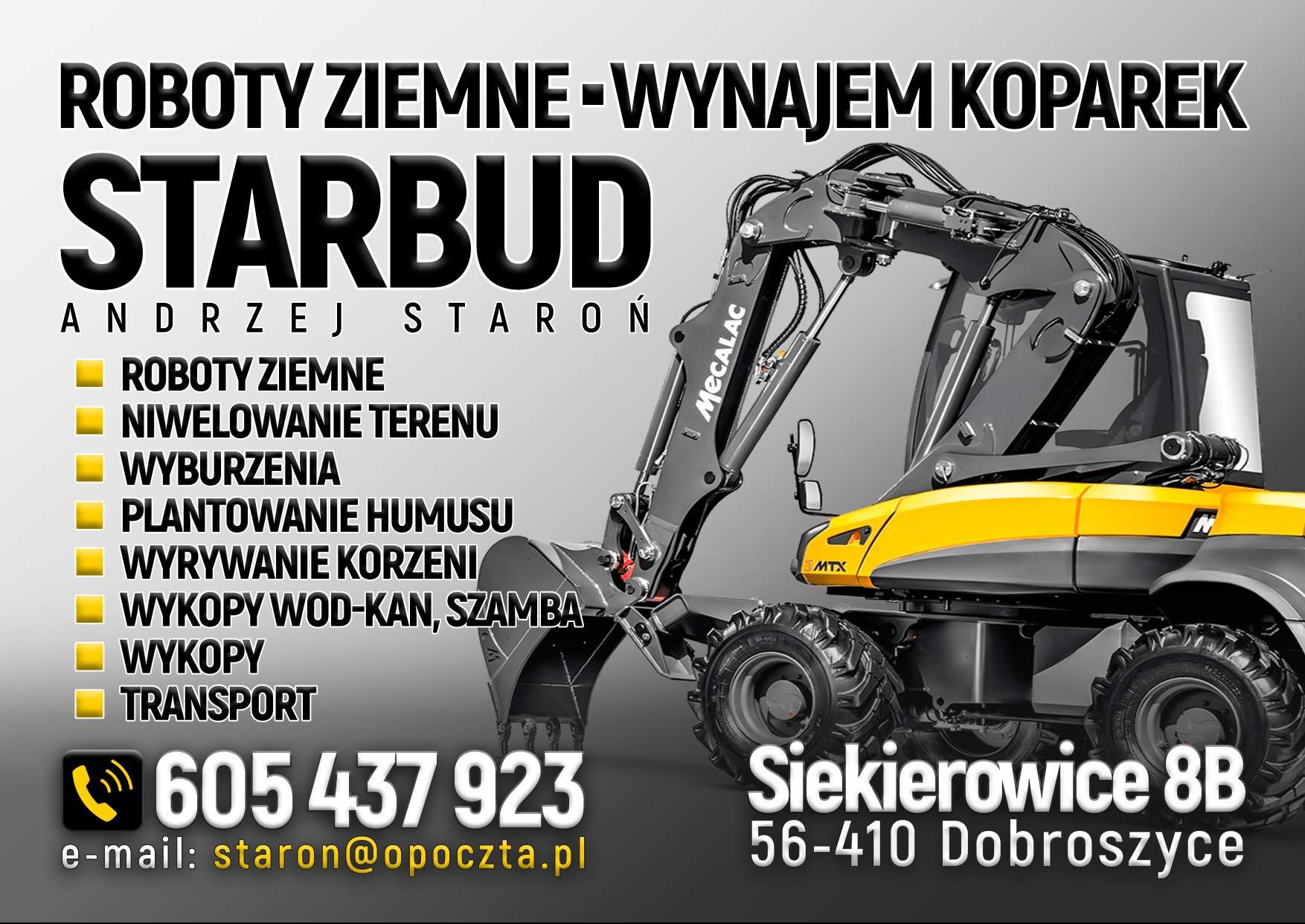 Żółto-szara koparka Mecalac MTX na grafice reklamowej Starbud z numerem telefonu i adresem, oferująca roboty ziemne, niwelację terenu, wyburzenia i transport.