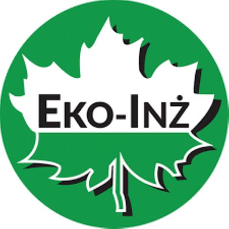 Logo firmy Eko-Inż na zielonym tle w kształcie koła, z białym liściem klonu w środku.
