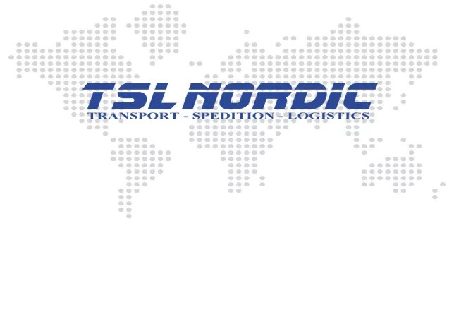 Logo firmy TSL Nordic z Poznania na tle mapy świata w odcieniach szarości, z napisem 'TRANSPORT - SPEDITION - LOGISTICS'.