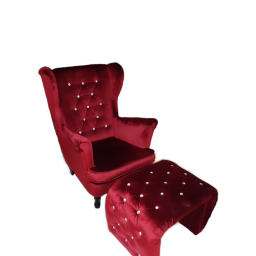 Uszak CHERIE z podnóżkiem.

Piki kryształowe.
Wybarwienia:
tkanina: czerwone wino
nóżki: wenge

Podnóżek wykonany wg. autorskiego projektu.
Zaoblony na bokach, pikowany całościowo z lamówką
w formie wykończenia.