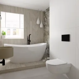 Nowoczesna łazienka z wolnostojącą wanną, okrągłą umywalką w kolorze taupe, drewnianą okładziną ściany w jodełkę i białymi płytkami, oświetlona wiszącymi lampami.