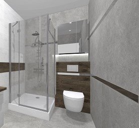 Wizualizacja łazienki z kabiną prysznicową, podwieszaną toaletą i szarą glazurą imitującą beton, akcentowana drewnopodobnymi panelami.