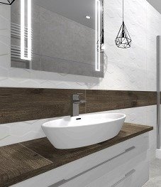 Nowoczesna łazienka z owalną umywalką nablatową na blacie z ciemnego drewna, podświetlane lustro LED, dekoracyjne płytki ścienne z subtelnym wzorem fal, minimalistyczna lampa wisząca.