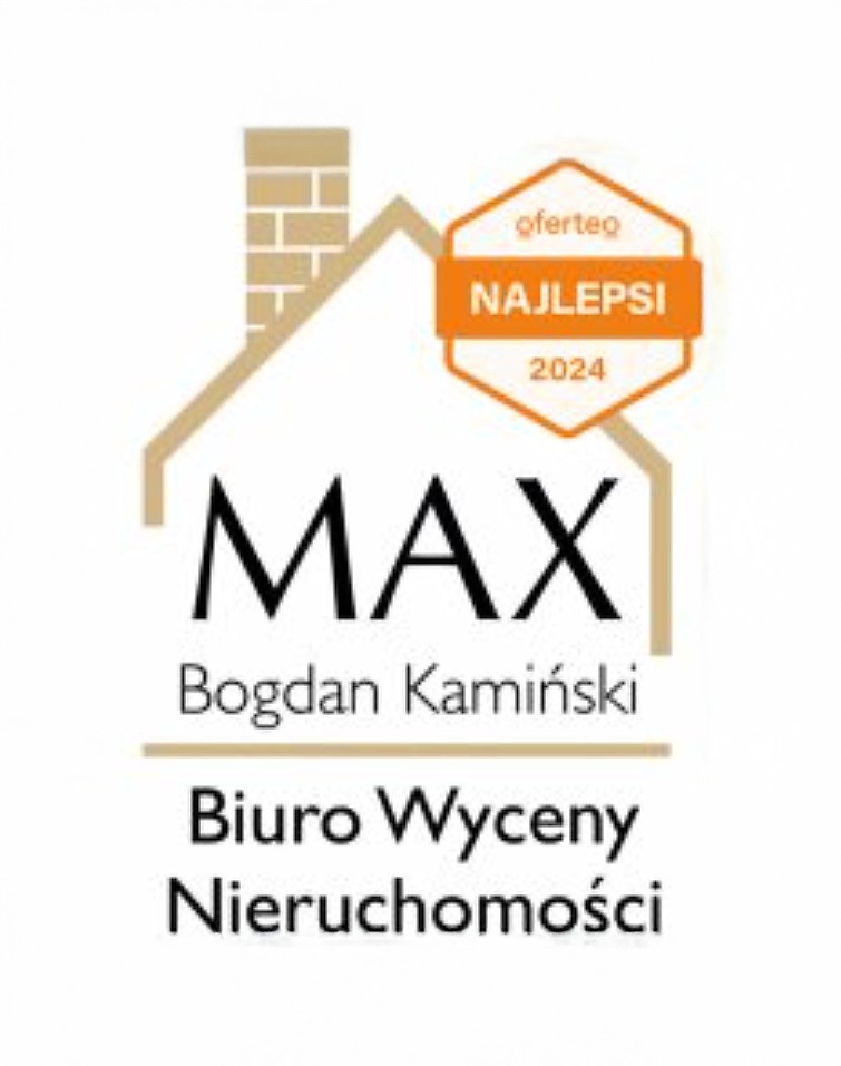 Logo biura wyceny nieruchomości MAX Bogdan Kamiński z oznaczeniem Oferteo Najlepsi 2024, stylizowane na dom z kominem.