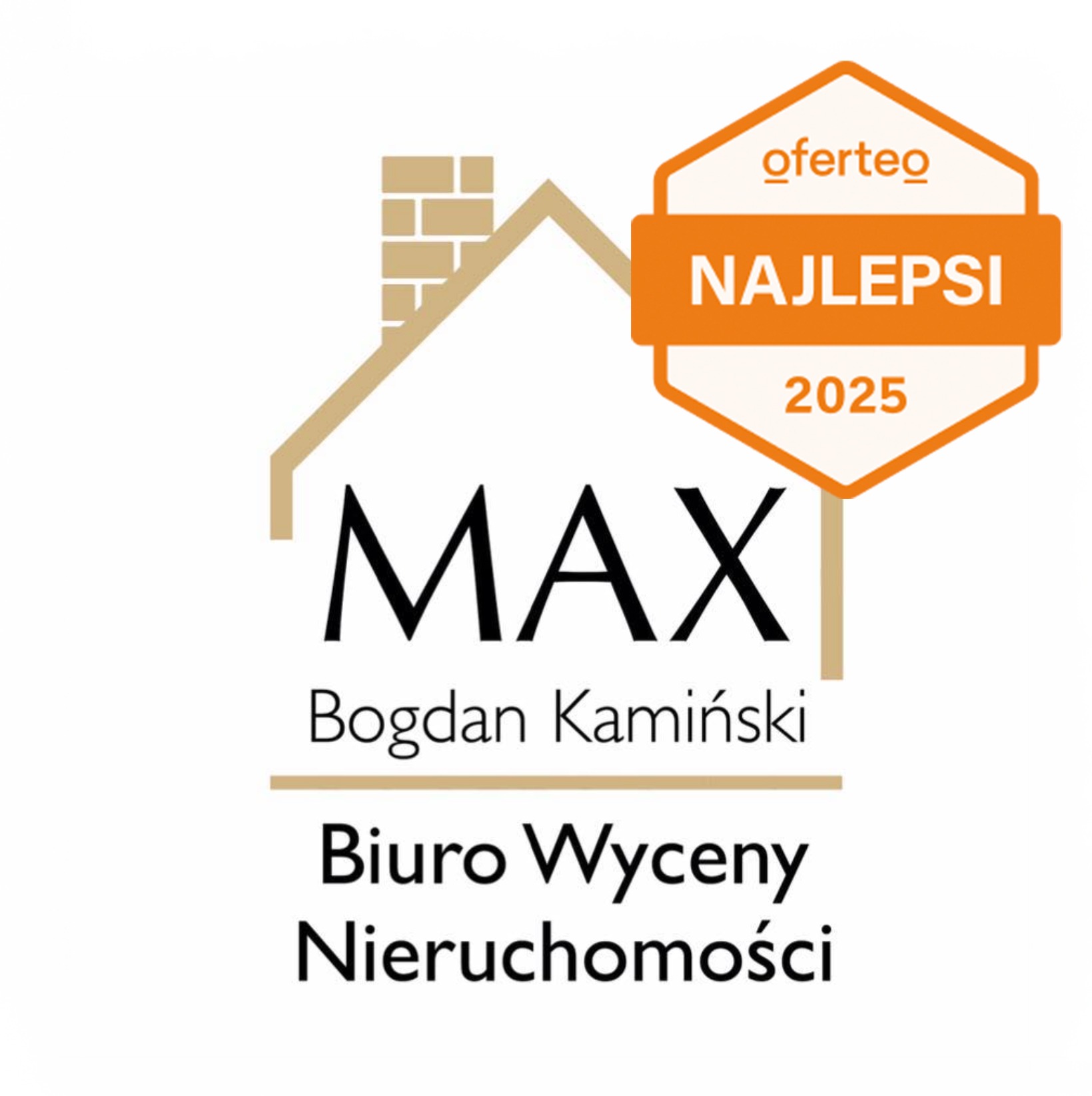 Logo firmy MAX Biuro Wyceny Nieruchomości Bogdan Kamiński z symbolem domu i oznaczeniem Oferteo Najlepsi 2025.