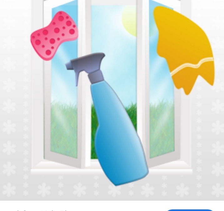 Ilustracja okna z widokiem na zewnątrz, niebieski rozpylacz, różowa gąbka i żółta ściereczka do czyszczenia.