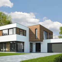 Nowoczesny dom z białym tynkiem i drewnianą elewacją, widok z zewnątrz, błękitne niebo z chmurami w tle.