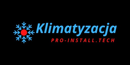 Logo firmy PRO-INSTALL.TECH z niebieskim napisem 'Klimatyzacja' i graficznym symbolem płatka śniegu z czerwonym środkiem na czarnym tle.