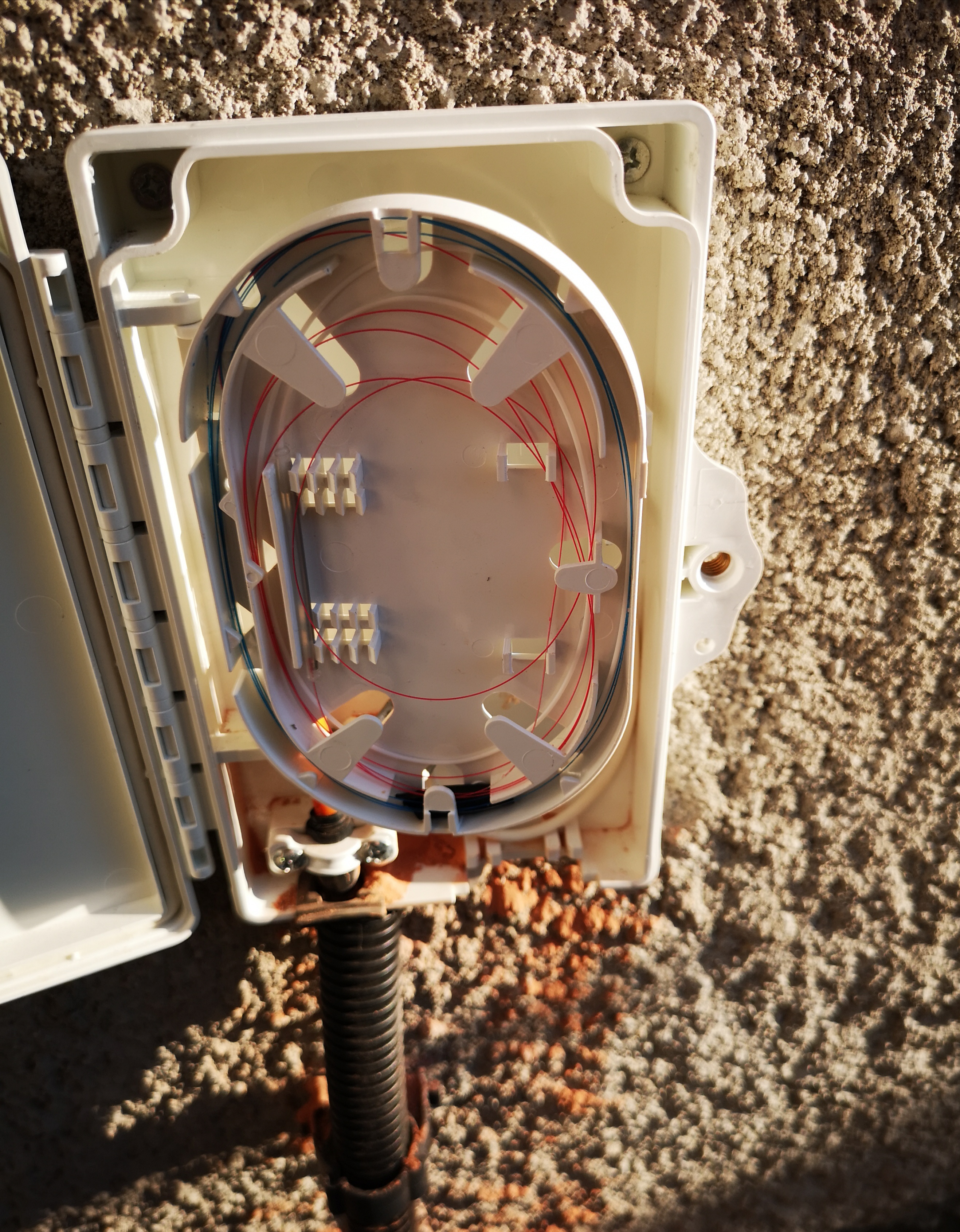 Otwarta, biała skrzynka przyłączeniowa światłowodowa, zamontowana na szarej, chropowatej ścianie zewnętrznej, z widocznymi wewnątrz cienkimi, kolorowymi włóknami światłowodowymi.