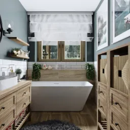 Nowoczesna łazienka z owalną umywalką nablatową, czarną armaturą ścienną, wolnostojącą wanną, drewnianymi szafkami z szufladami i dekoracyjnymi panelami, okrągłym lustrem, roślinami doniczkowymi...