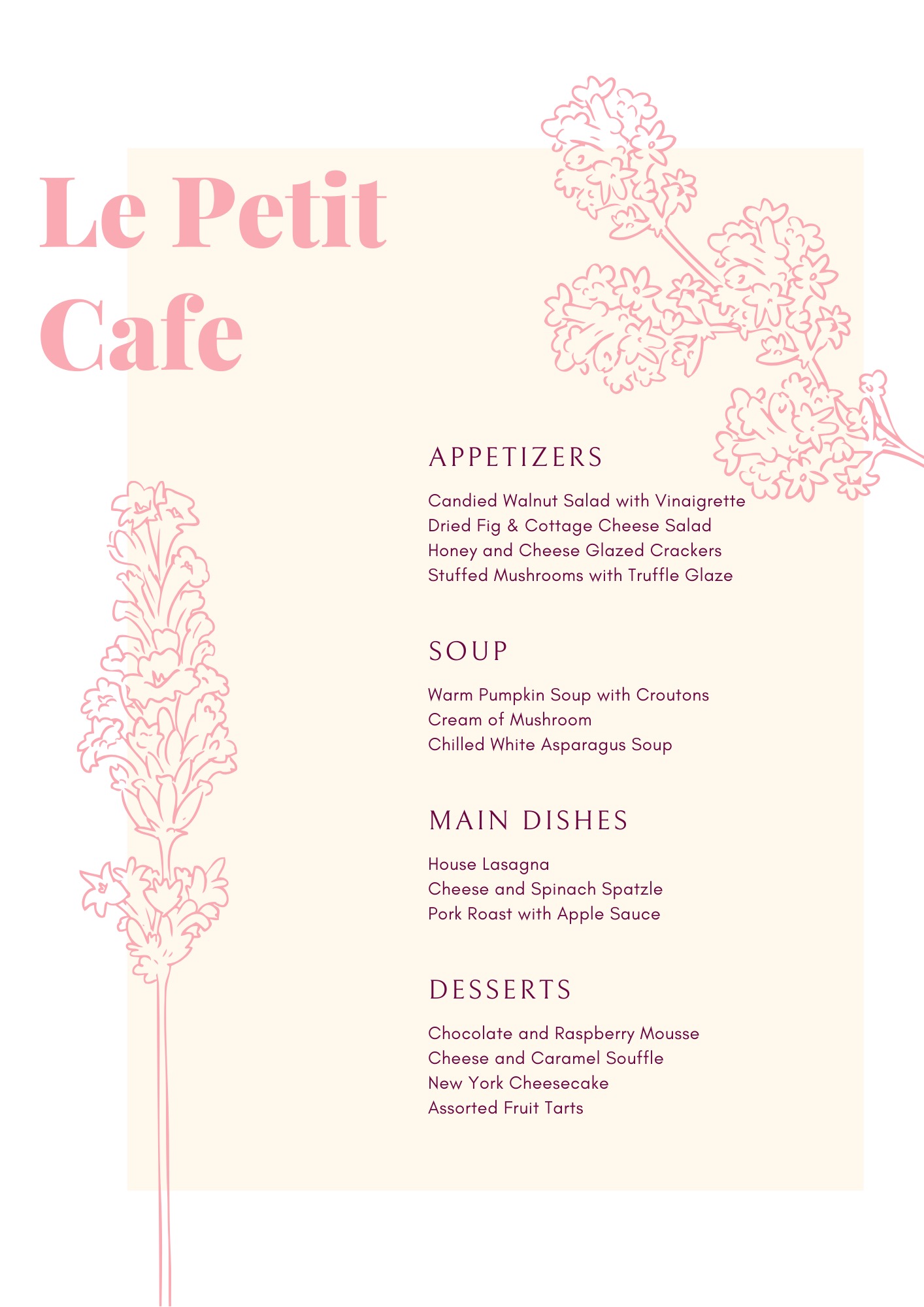 Eleganckie menu kawiarni 'Le Petit Cafe' z ilustracjami kwiatowymi, prezentujące listę dań: przystawki, zupy, dania główne i desery.