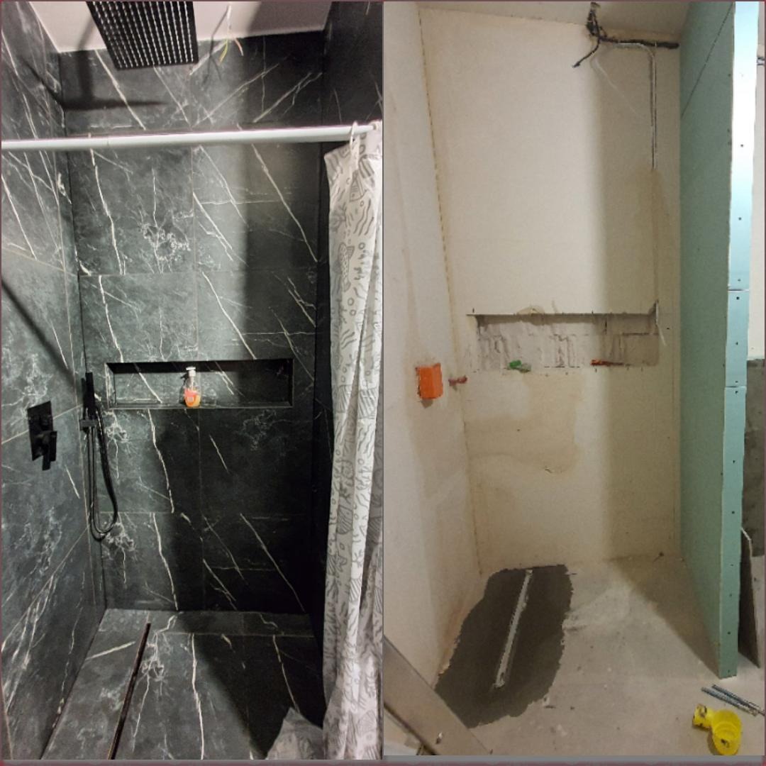 Łazienka w trakcie remontu: po lewej wykończona strefa prysznicowa z czarnymi płytkami imitującymi marmur i deszczownicą, po prawej surowe ściany z instalacją elektryczną i fragmentem płyty...
