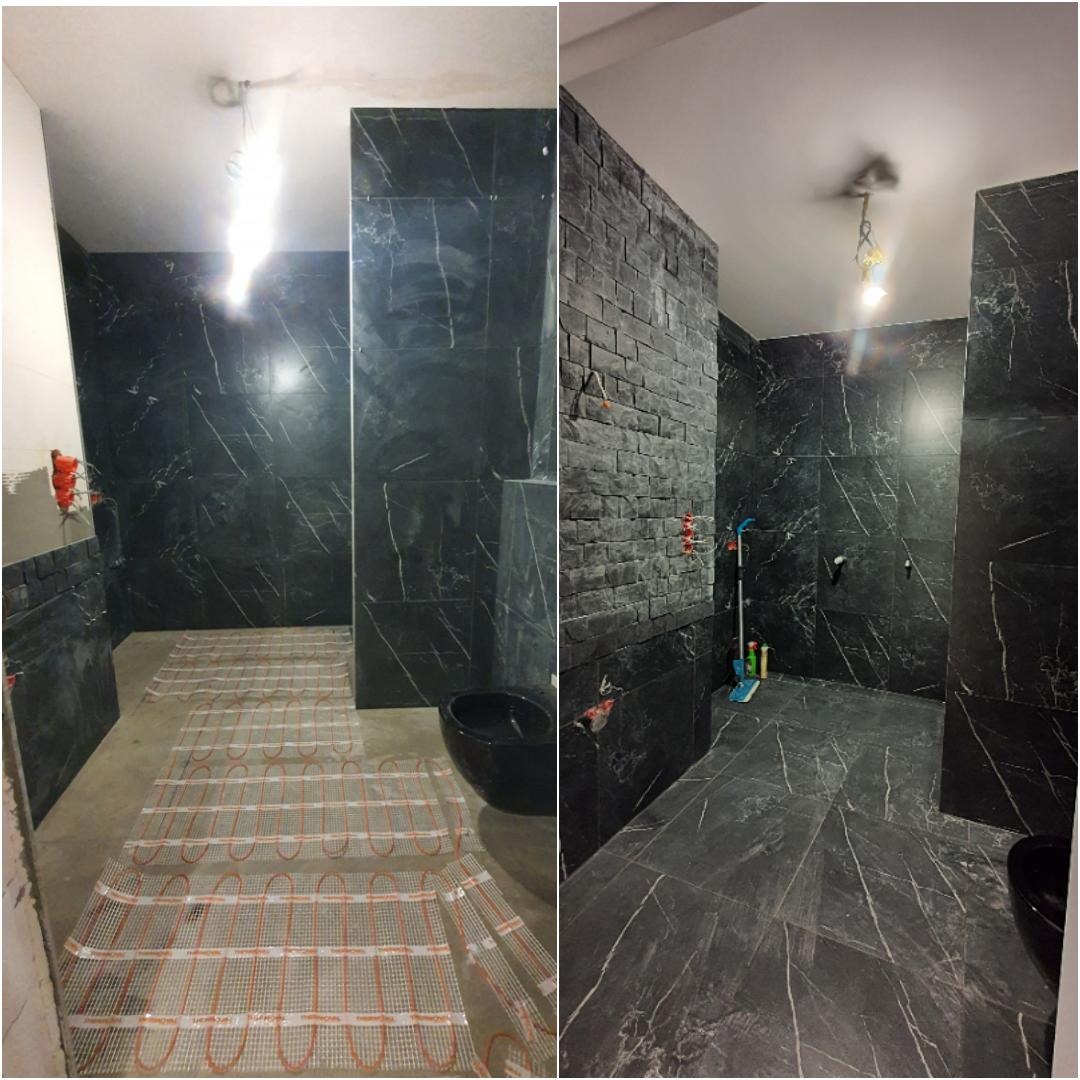 Dwa ujęcia tej samej łazienki: jedno w trakcie prac z rozłożonym ogrzewaniem podłogowym i widocznymi instalacjami, drugie po zakończeniu prac z czarną armaturą i wykończonymi ścianami z czarnego...