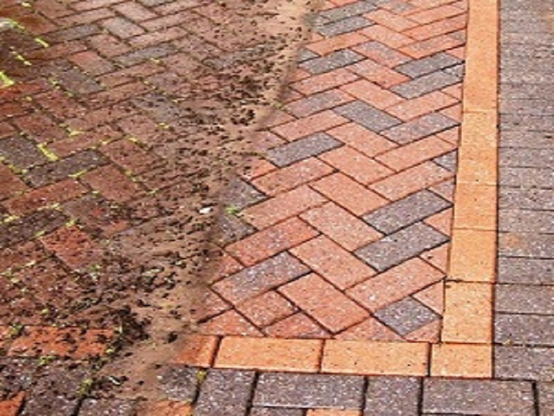 Częściowo wyczyszczona kostka brukowa ułożona w jodełkę, widoczna różnica w kolorze i zabrudzeniach między czystą a brudną powierzchnią.