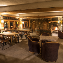 Bukowa Chata - Rustykalne wnętrze sali restauracyjnej z kamiennymi ścianami, drewnianymi stołami i krzesłami, kominkiem oraz dekoracyjnymi lampami