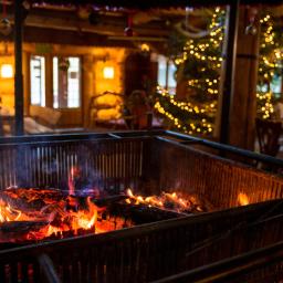Bukowa Chata - Ognisko w metalowej skrzyni w rustykalnym wnętrzu z choinką w tle, płomienie oświetlają otoczenie
