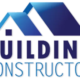Logo firmy budowlanej z niebieskim dachem i napisem BUILDING CONSTRUCTOR.