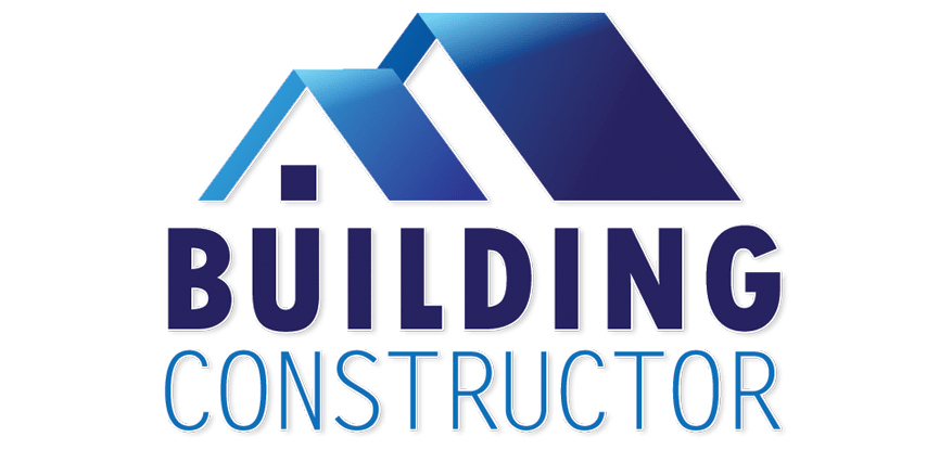 Logo firmy budowlanej z niebieskim dachem i napisem BUILDING CONSTRUCTOR.