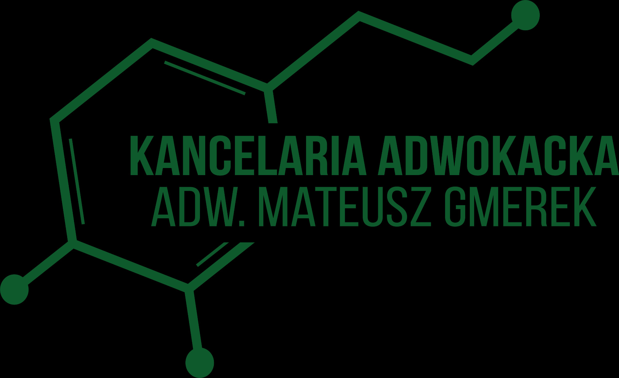 Logo Kancelarii Adwokackiej Adw. Mateusz Gmerek, stylizowane na wzór chemiczny, zielone na czarnym tle.