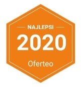 Pomarańczowa odznaka z napisem 'NAJLEPSI 2020 Oferteo' wewnątrz sześciokąta.