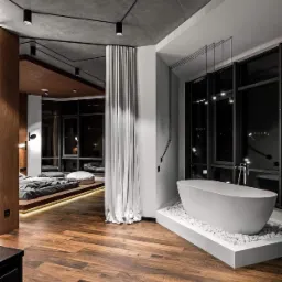 Nowoczesny apartament w Warszawie z otwartą przestrzenią sypialni i łazienki, oddzieloną zasłoną. Widoczna wolnostojąca wanna na podwyższeniu z białych kamieni, podświetlone łóżko na podeście...