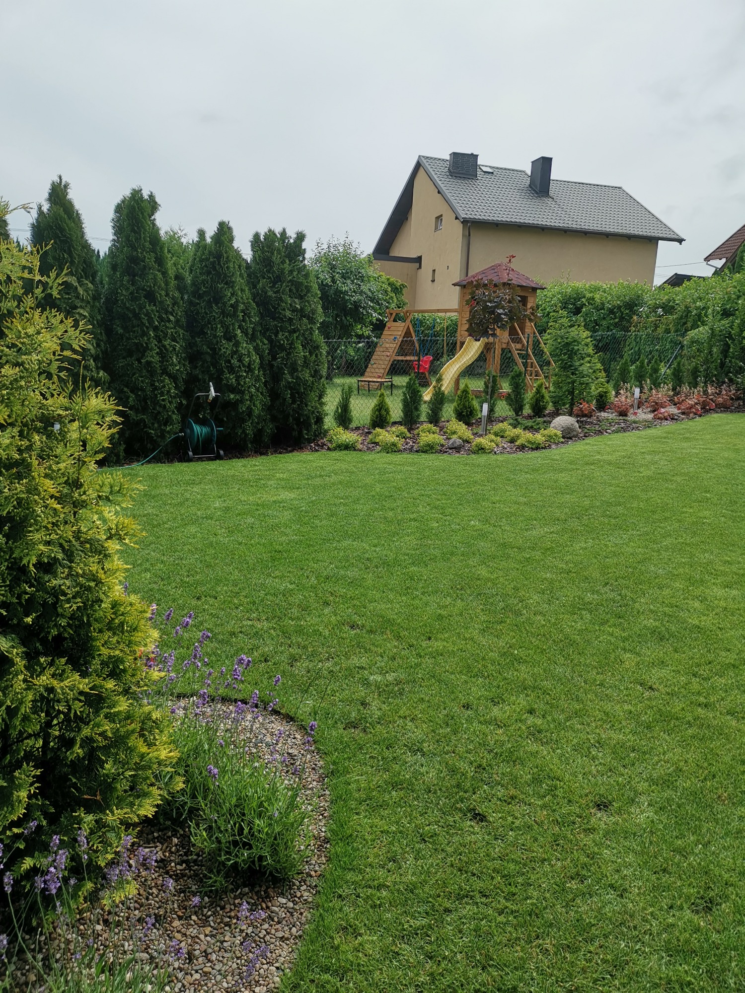 Zadbany trawnik z równo przystrzyżoną trawą, obrzeża z kamyków i lawendy, w tle rząd tuj i plac zabaw dla dzieci z domkiem i zjeżdżalnią.