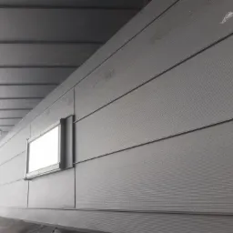 Szare panele elewacyjne z widocznym oknem i fragmentem dachu, lekko wilgotne po deszczu.