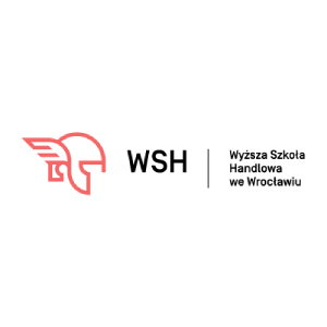 Logo Wyższej Szkoły Handlowej we Wrocławiu: stylizowany hełm z uskrzydlonym profilem i skrót WSH po lewej stronie, nazwa uczelni po prawej, wszystko na białym tle.