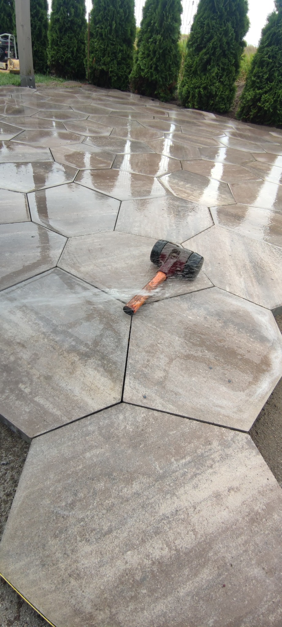 Ułożona, mokra nawierzchnia z szarych, heksagonalnych płyt z gumowym młotkiem leżącym na jednej z nich, rząd zielonych tuj w tle.