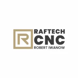 Logo firmy Raftech CNC Roberta Iwanowa z inicjałem R w kwadracie w kolorze piaskowym i napisem CNC w kolorze grafitowym.