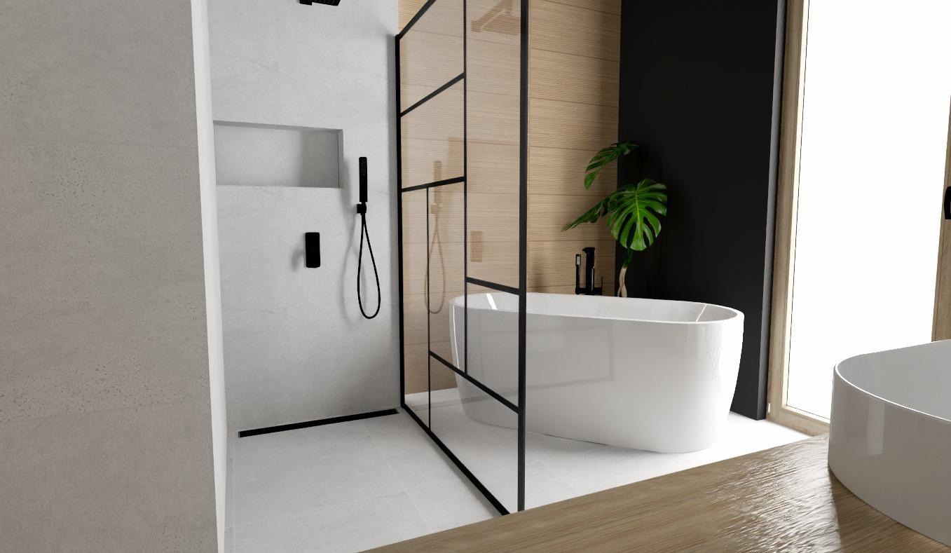Nowoczesna łazienka z wolnostojącą wanną, szklaną kabiną prysznicową z czarnymi ramami i rośliną doniczkową. Minimalistyczny design, jasne płytki i drewniane akcenty.