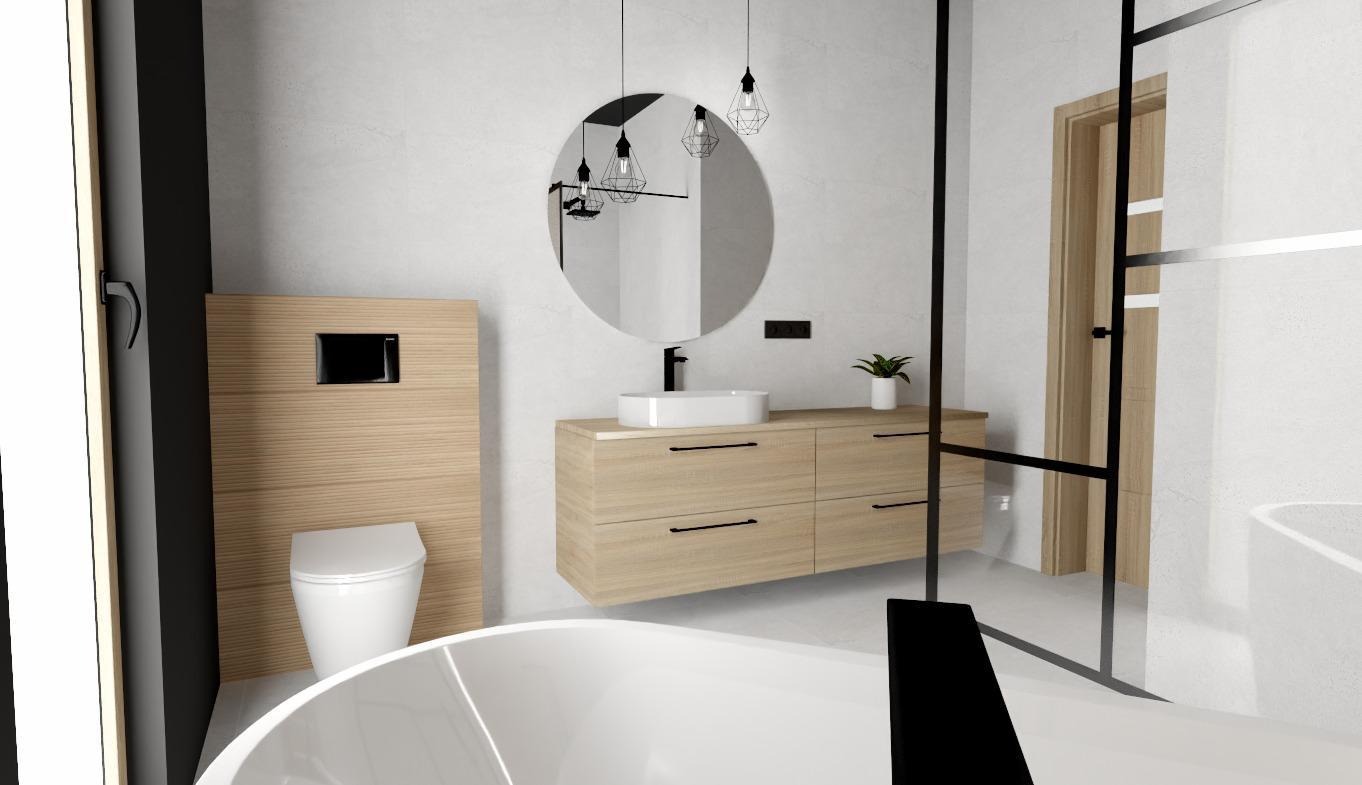 Nowoczesna łazienka z okrągłym lustrem, drewnianą szafką pod umywalką i minimalistyczną kabiną prysznicową z czarnymi profilami. Wiszące lampy dodają elegancji.