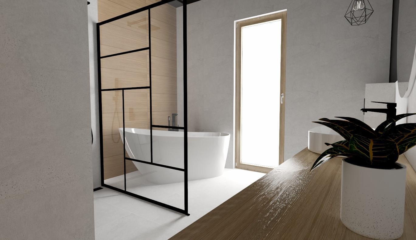 Nowoczesna łazienka w Bolkowie z wolnostojącą wanną, kabiną prysznicową typu walk-in z czarnymi profilami i drewnianymi akcentami. Minimalistyczny design.