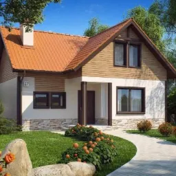 Wizualizacja domu jednorodzinnego Z-66 z dwuspadowym dachem z brązowej dachówki, jasną elewacją z elementami drewnianej boazerii i kamiennej okładziny, otoczonego zadbanym ogrodem z kamienną ścieżką.