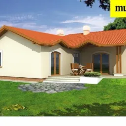 Wizualizacja parterowego domu z beżową elewacją, czerwoną dachówką i dwoma kominami, z wyjściem na taras z kamienną ścieżką i meblami ogrodowymi.