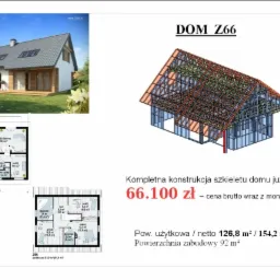 Projekt domu Z-66: wizualizacja gotowego domu z ogrodem, rzut parteru i poddasza oraz schemat konstrukcji szkieletowej z ceną i powierzchnią.