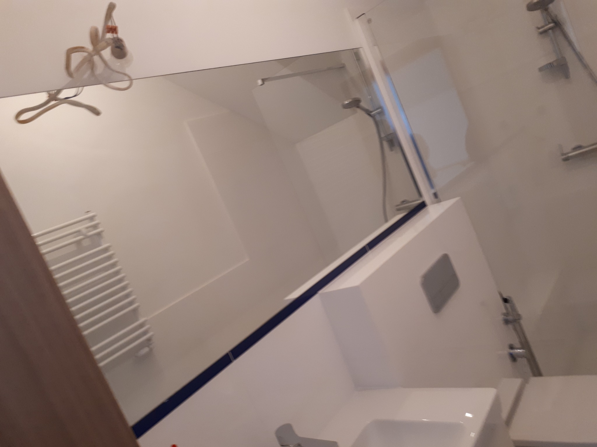 Nowoczesna, minimalistyczna łazienka z białymi ścianami, widoczna umywalka, toaleta i przeszklony prysznic. Na ścianie wisi biały grzejnik drabinkowy. W rogu sufitu widoczny wieszak na ubrania...